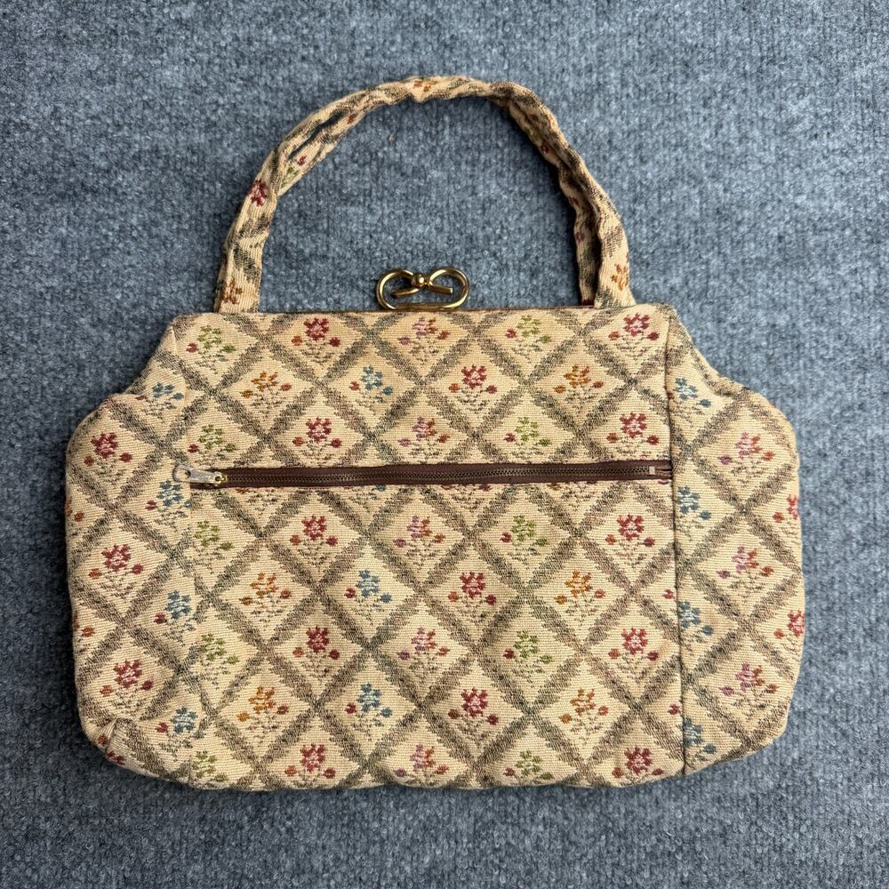 Vintage 1950s Henry Seligman Floral Tapestry Kiss Lock Handbag Purse Mid Century